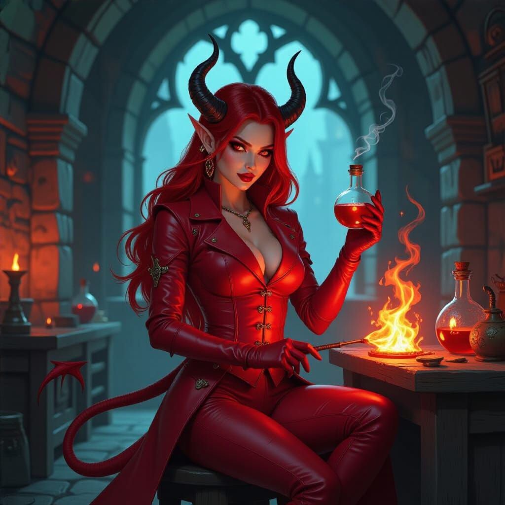 Tiefling Alchemist Mixing Explosives in Gothic Laboratory