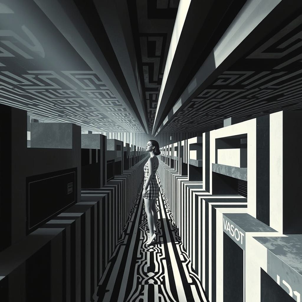 Woman Navigating Escher-Inspired Distorted Maze