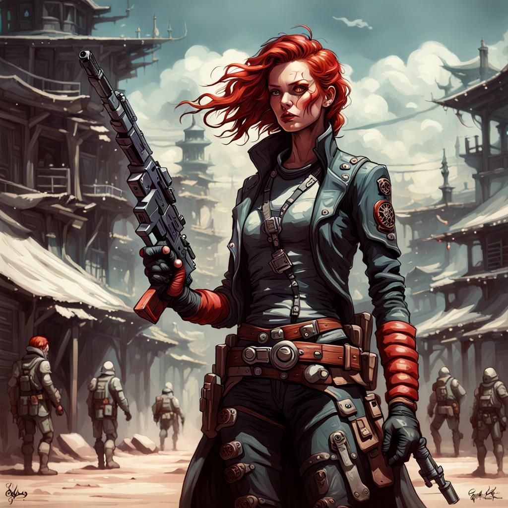 Futuristic Redhead Gunslinger in Ukiyo-e Style