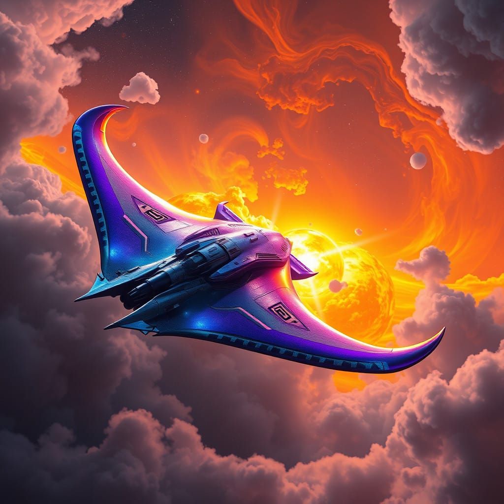 Manta Ray Spaceship Concept in Vibrant Fantasy Style