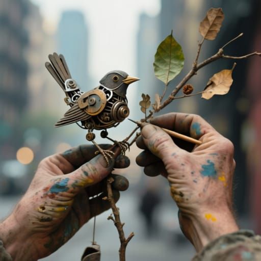Hands Crafting Mechanical Bird from Urban Nature