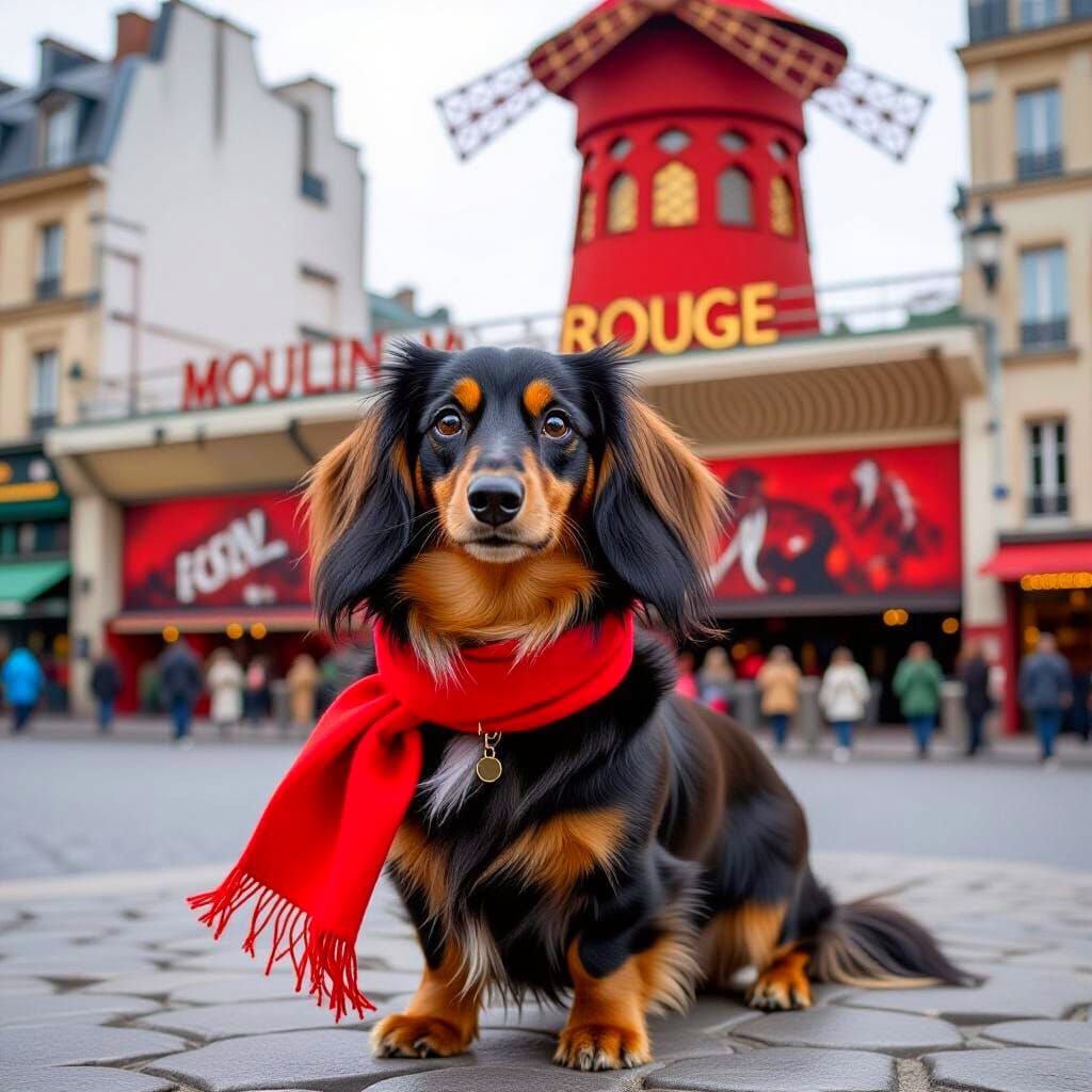 Dachshund in Paris: Impressionistic Moulin Rouge Scene