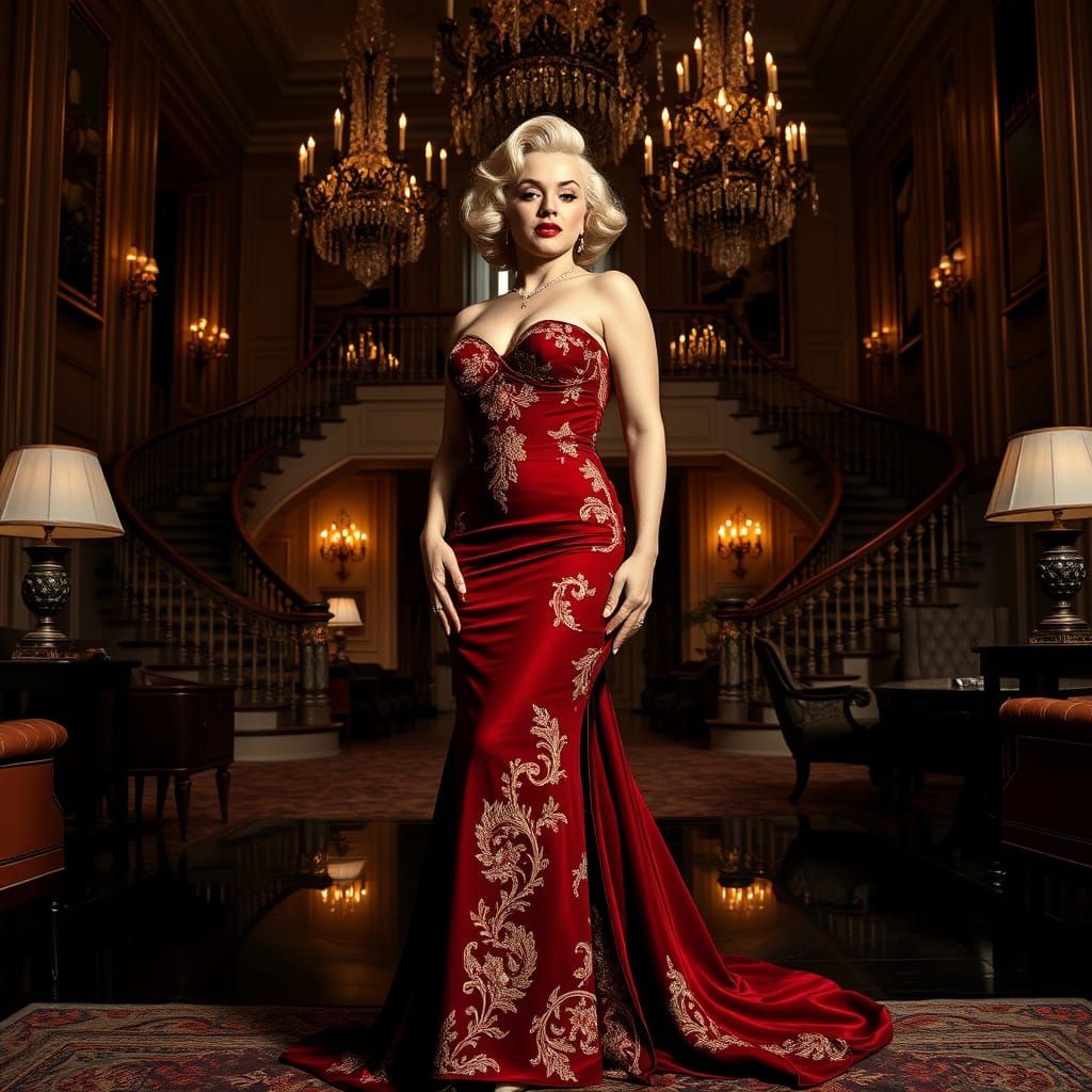 Classic Hollywood Glamour Portrait in Dark Red Evening Gown