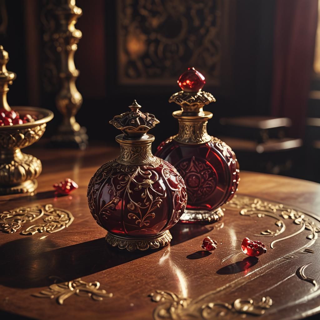 Elegant Pomegranate Perfume Bottle in Cinematic Style