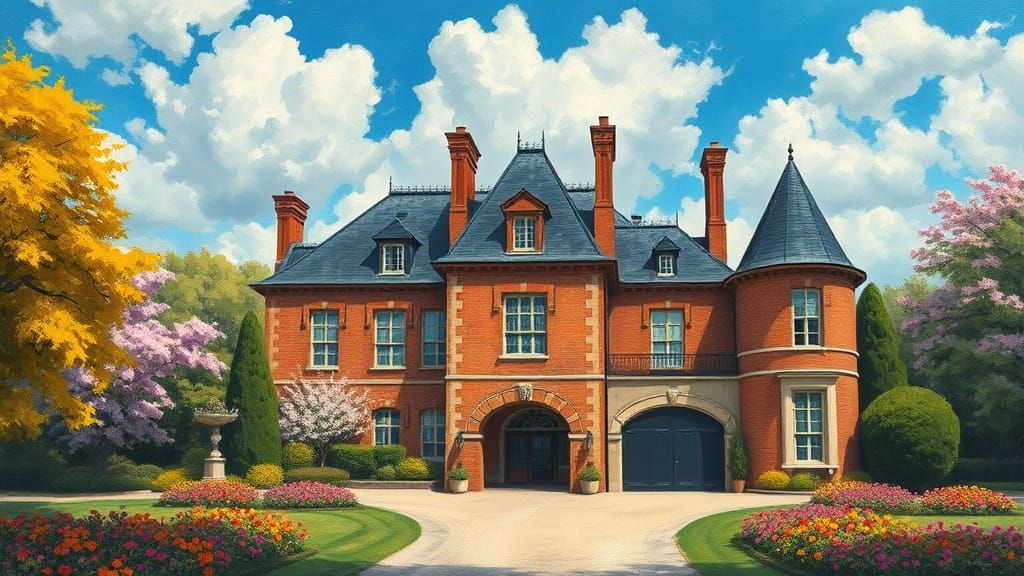 Elegant Chateau with Vibrant Garden in Painterly Style