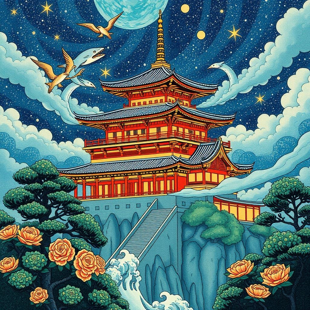 Cosmic Japanese Palace in Teacup, Anime Style