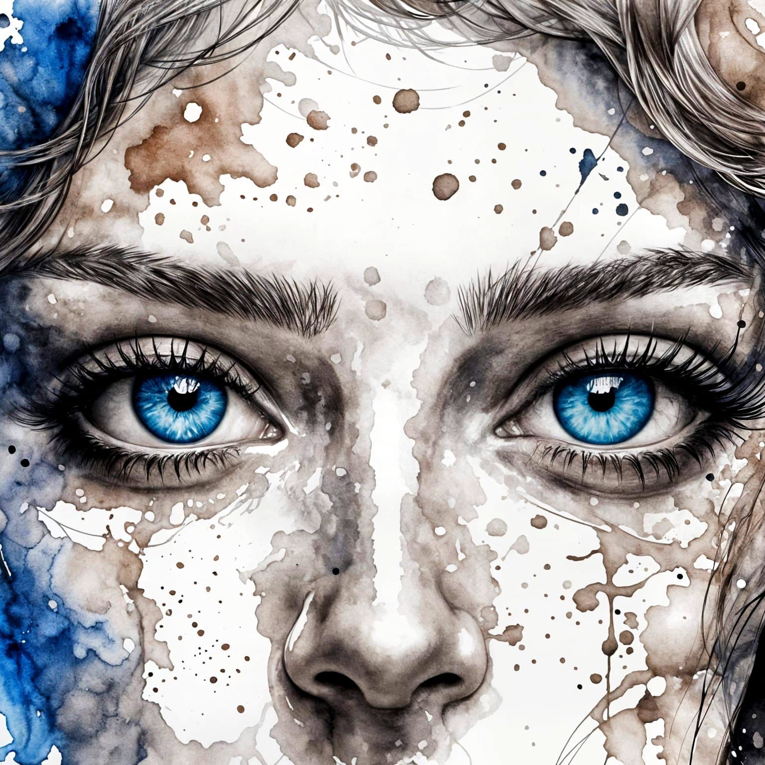 Monochromatic Watercolor Portrait with Blue Eyes