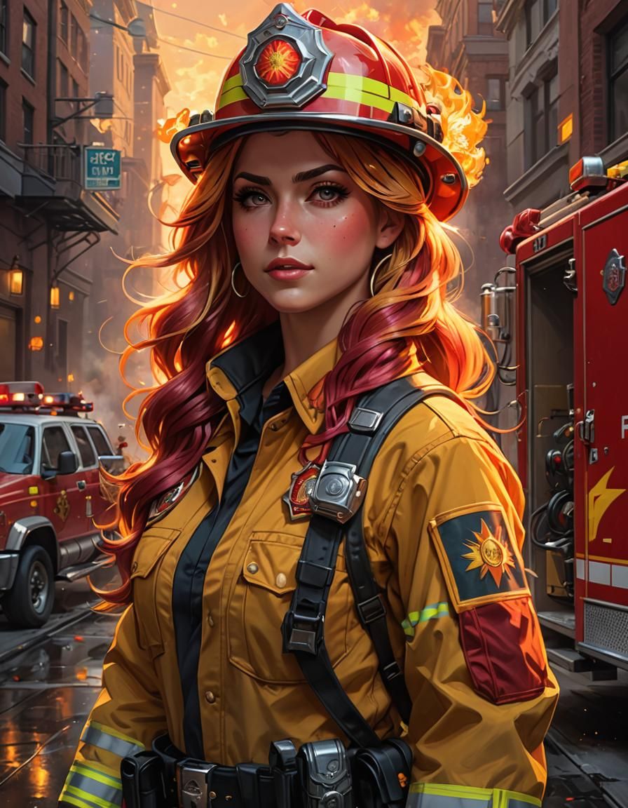 Sunset Shimmer as Firefighter: Hyperdetailed Concept Art