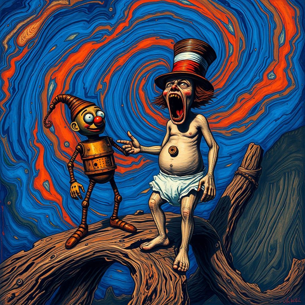 An intensely emotive anthropomorphic screaming Mad Hatter  wearing a diaper, reminiscent of Edvard Munch's iconic The Sc...