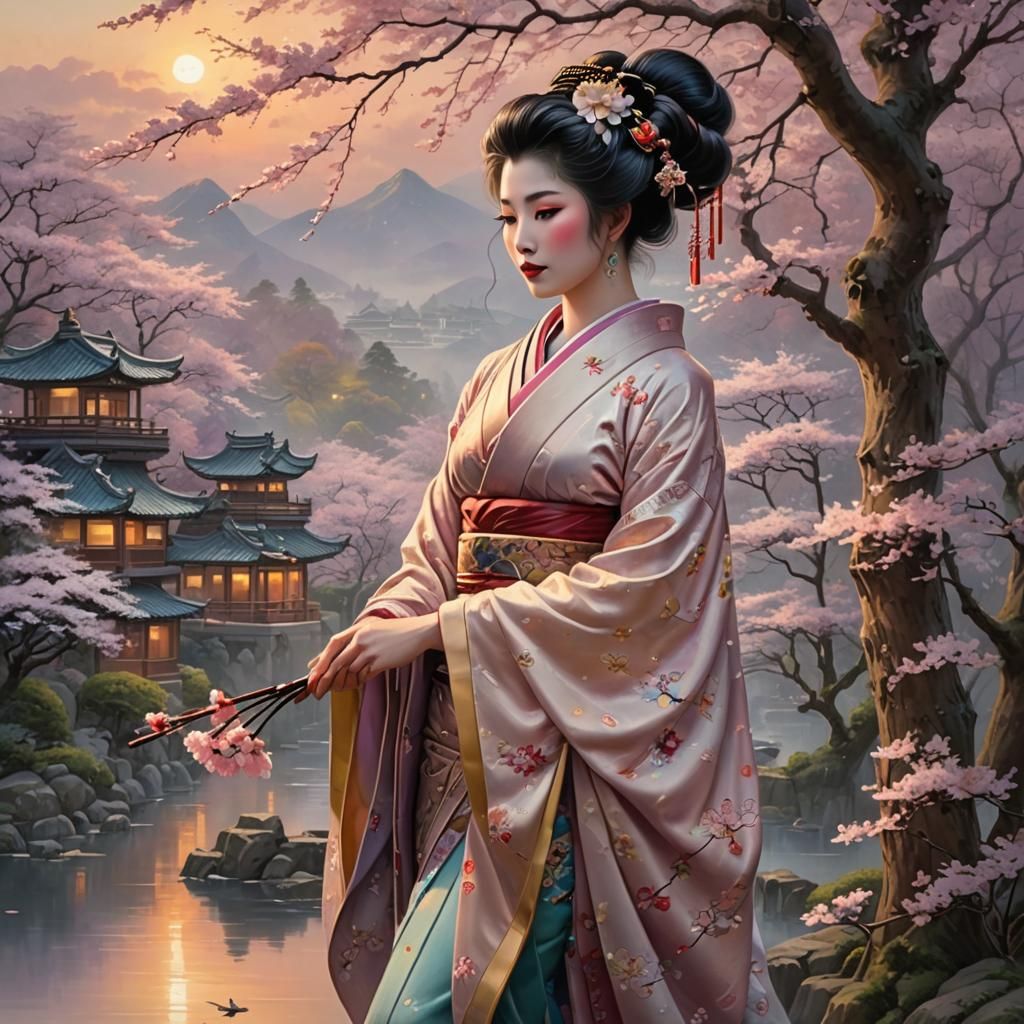 Romantic Geisha with Cherry Blossoms at Sunset