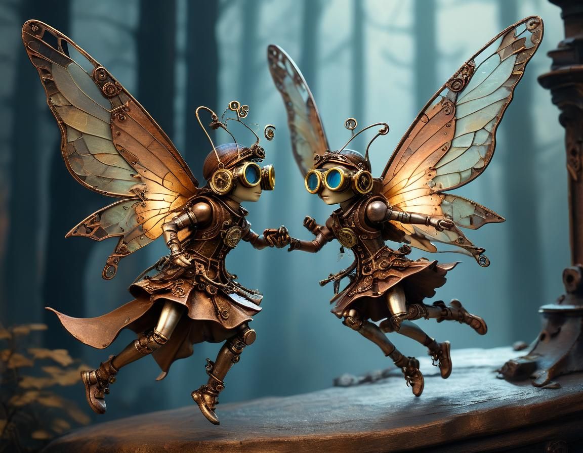 (2 large steampunk fairies)+++flying, full body image