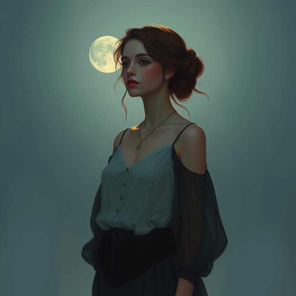 Elegant Woman Under a Dreamy Moonlit Night in a Soft Waterco...