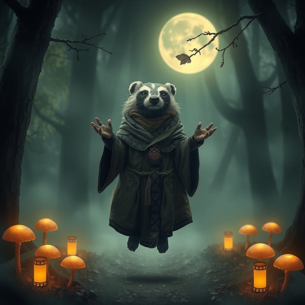 Badger Shaman Levitates in Mystical Forest Glade