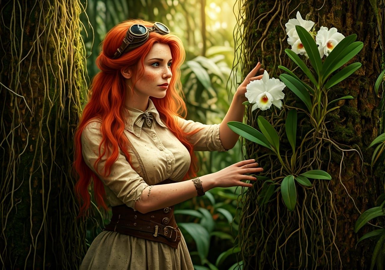Victorian Ariel Discovers Jungle Orchids in Steampunk Style