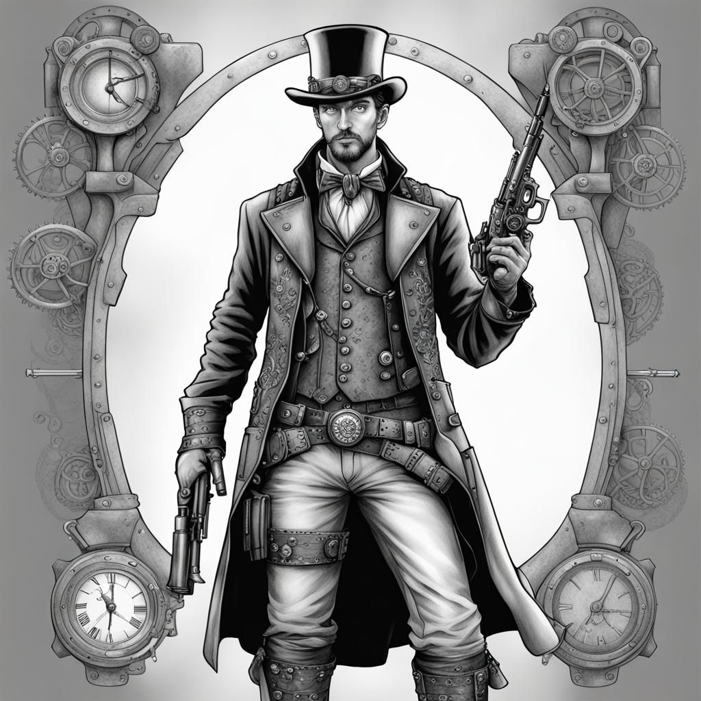 Steampunk Gunslinger: Grayscale Coloring Page