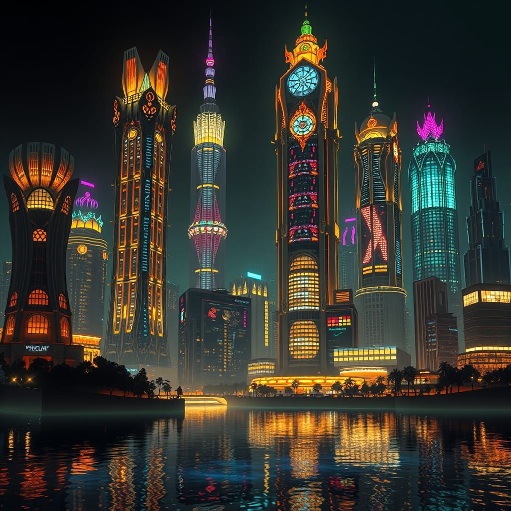 frank lloyd wright style skyscrapers reflecting windows shiny colorful lights into darkness, cyberpunk 2077 night, rende...