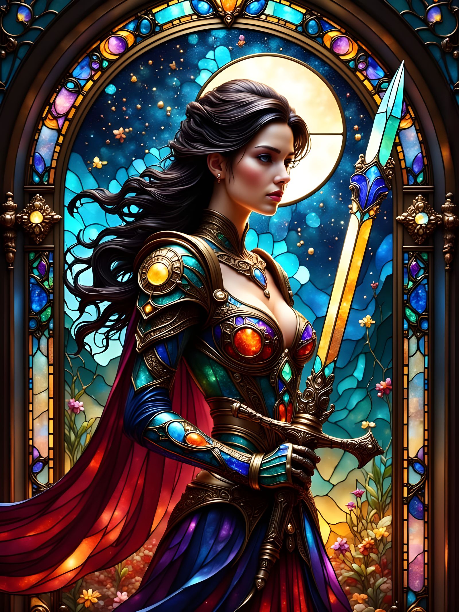 Stained Glass Warrior Queen with Radiant Armor