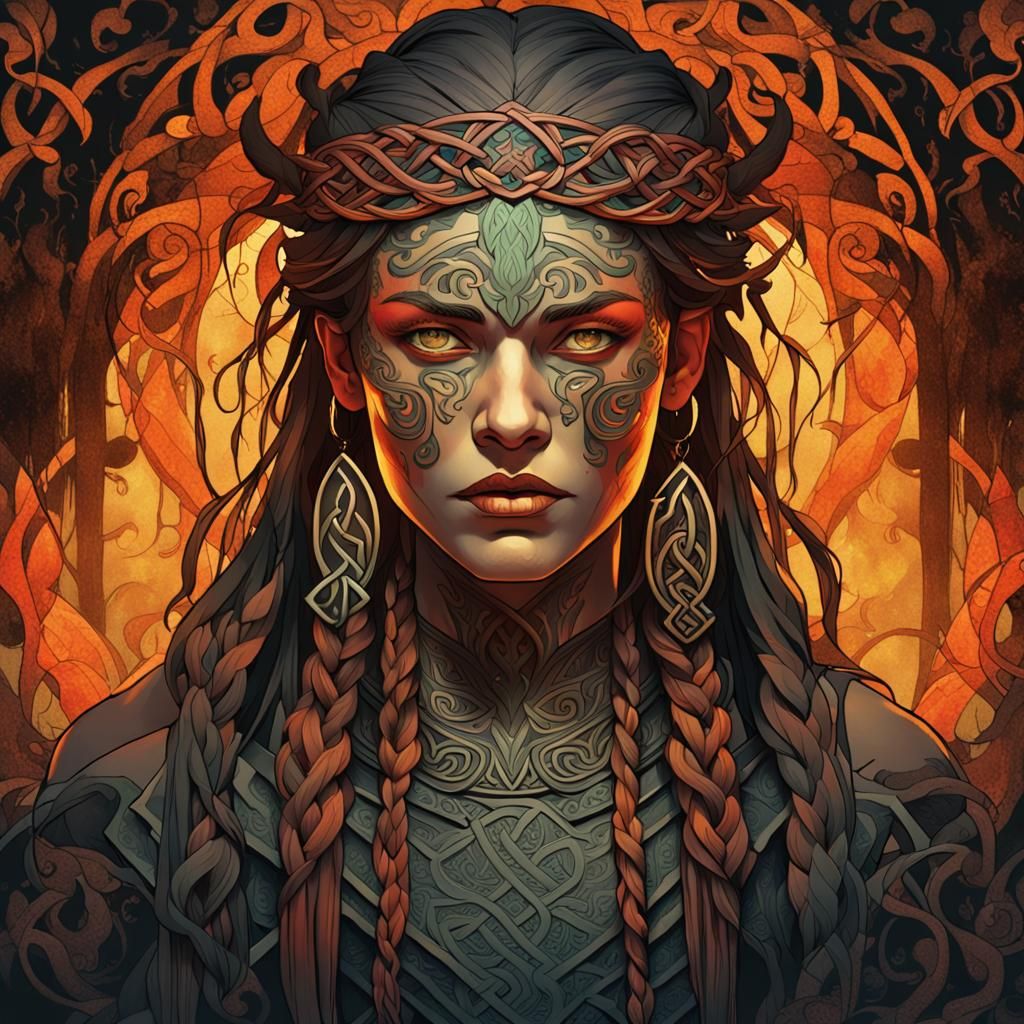 Celtic Warrior Portrait in Art Nouveau Style