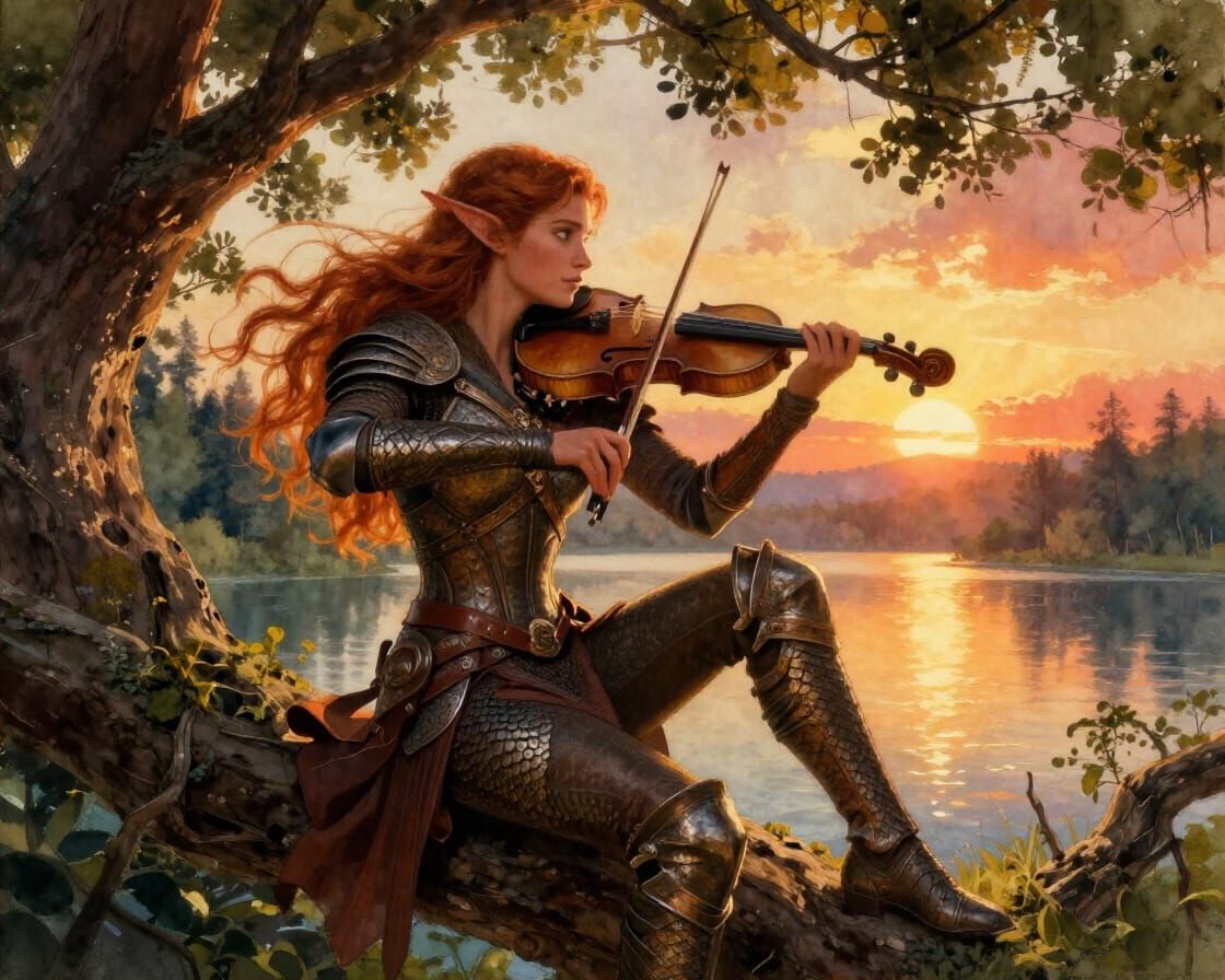 Elf Ranger Playing Violin at Golden Hour Overlooking Lake