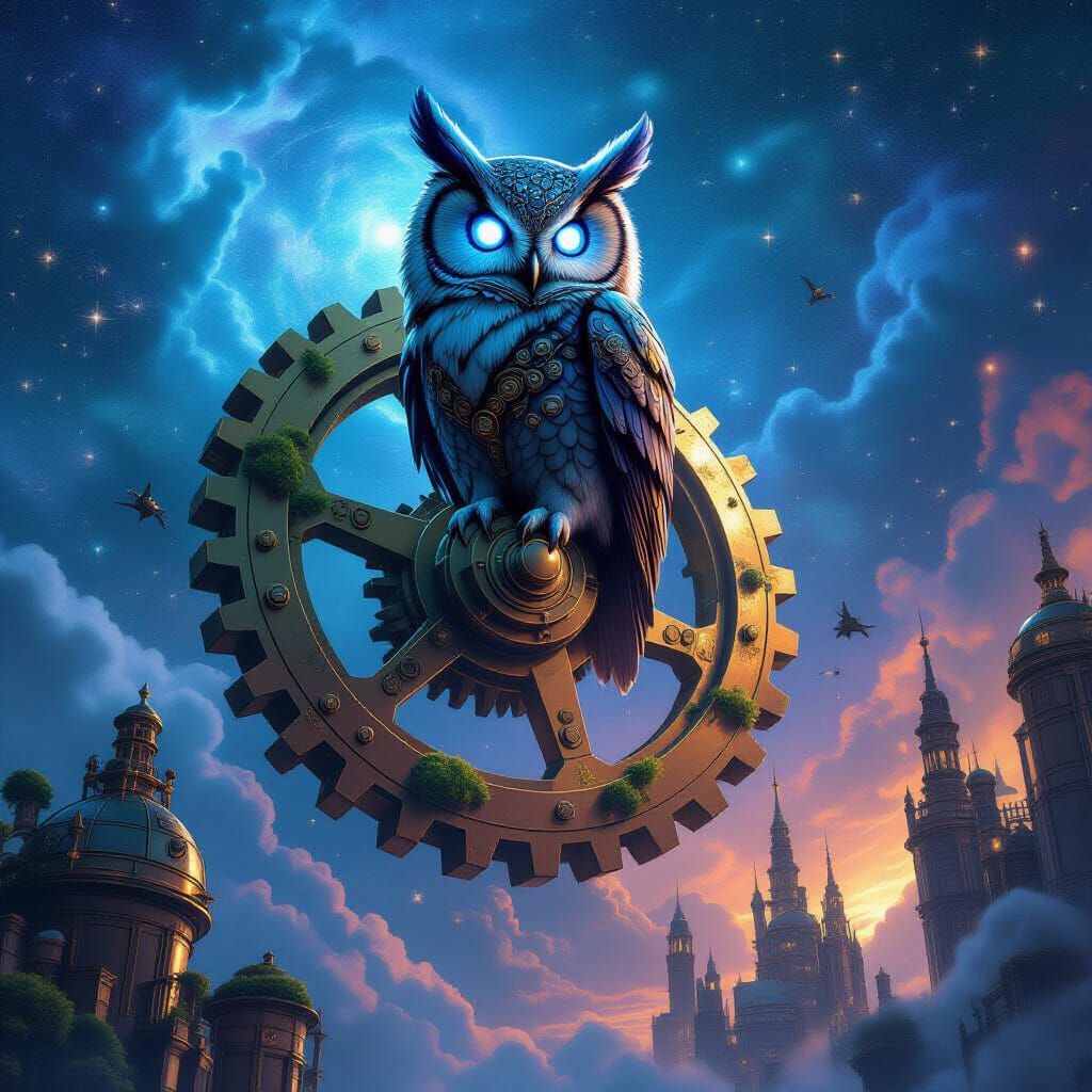Mechanical Owl on Gear Amidst Nebula in Steampunk Style