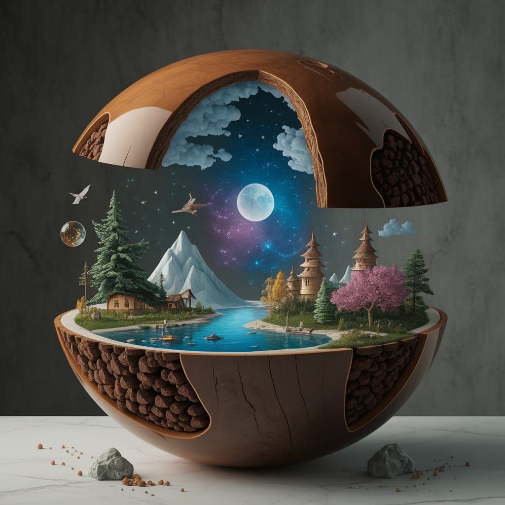 Magical World Revealed Inside Fractured Wooden Ball