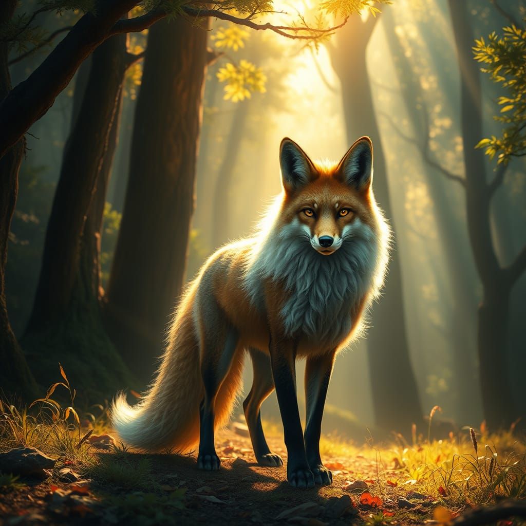 Majestic Nine-Tailed Fox in Mystical Forest
