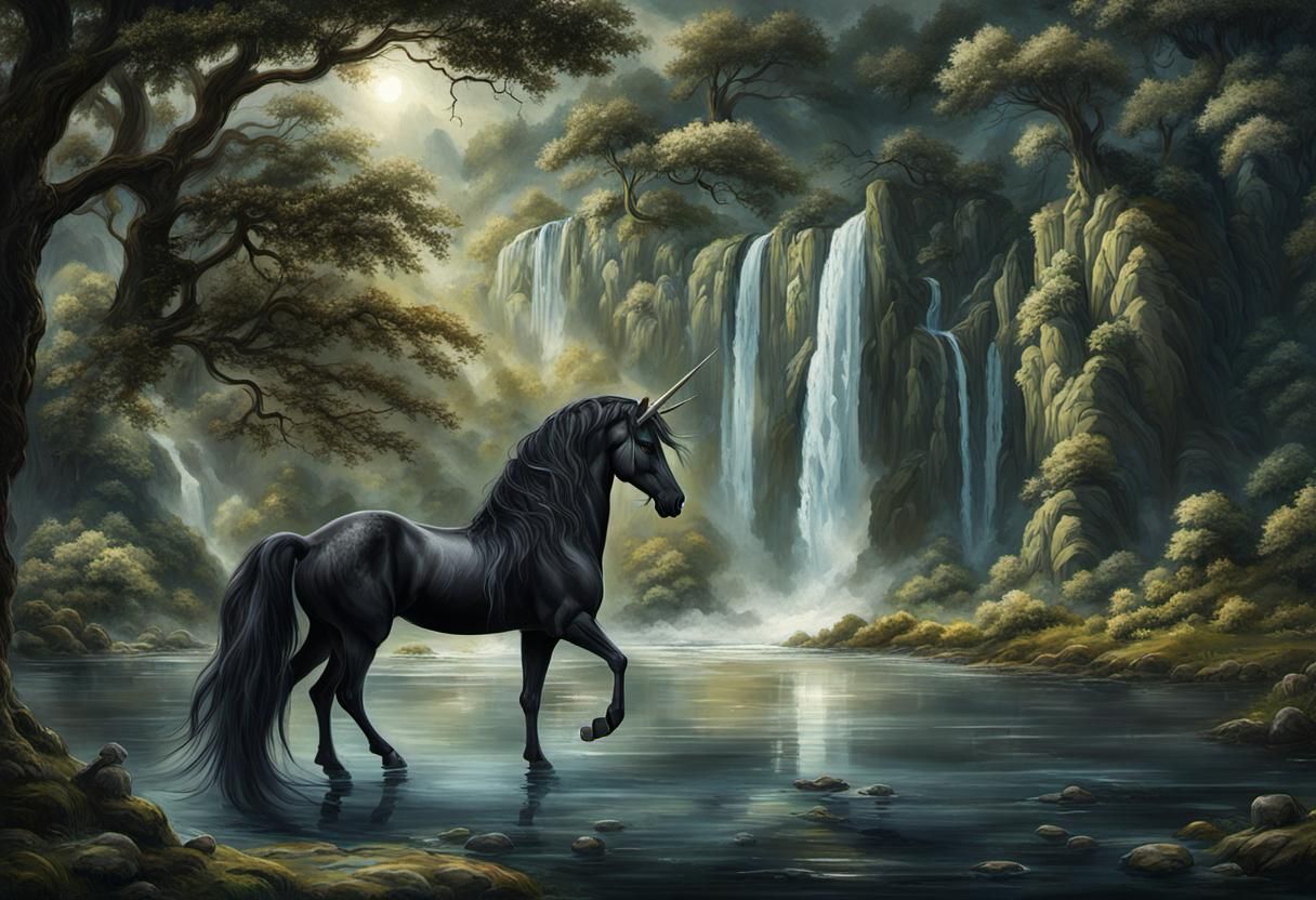 Black Unicorn at Waters Edge: Fantasy Painting