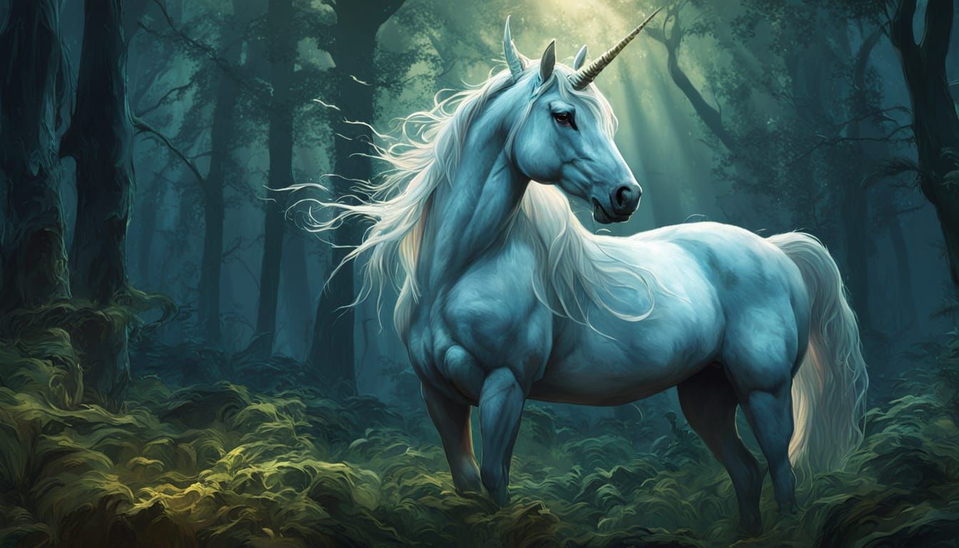 Majestic Unicorn in Enchanted Forest Under Moonlight