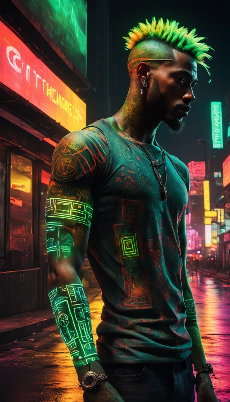 Cyberpunk Caribbean Rebel in Vibrant Chaos
