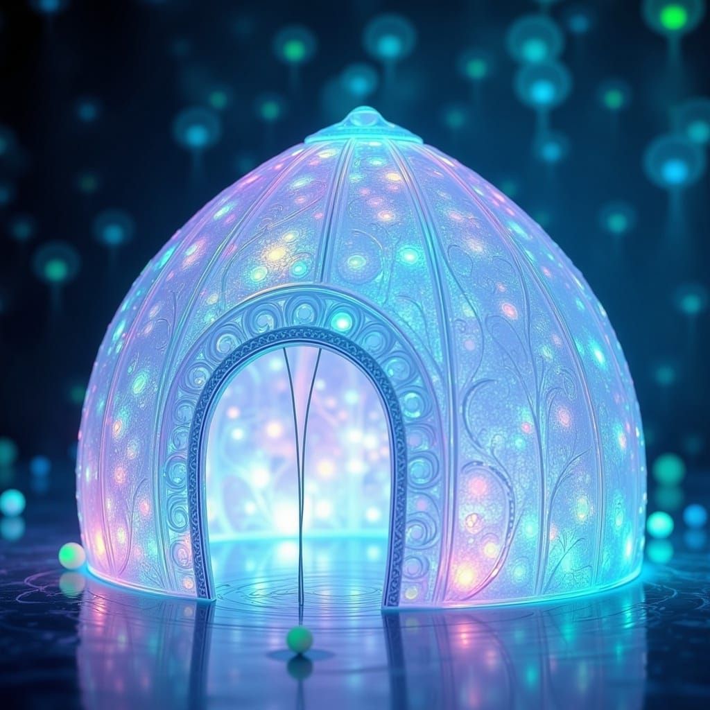 Iridescent Glass Dome House with Holographic Sheen