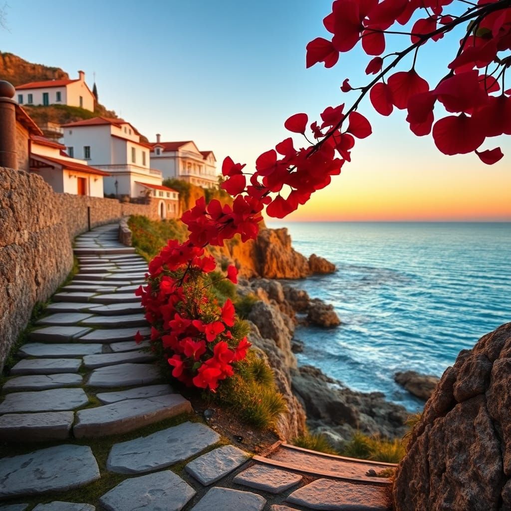 Coastal Village Sunset in Impressionistic Style