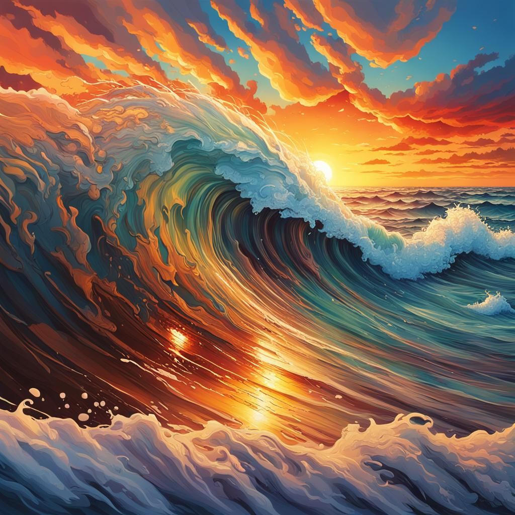 Hyperrealistic Sunset Waves in Splash Art Style