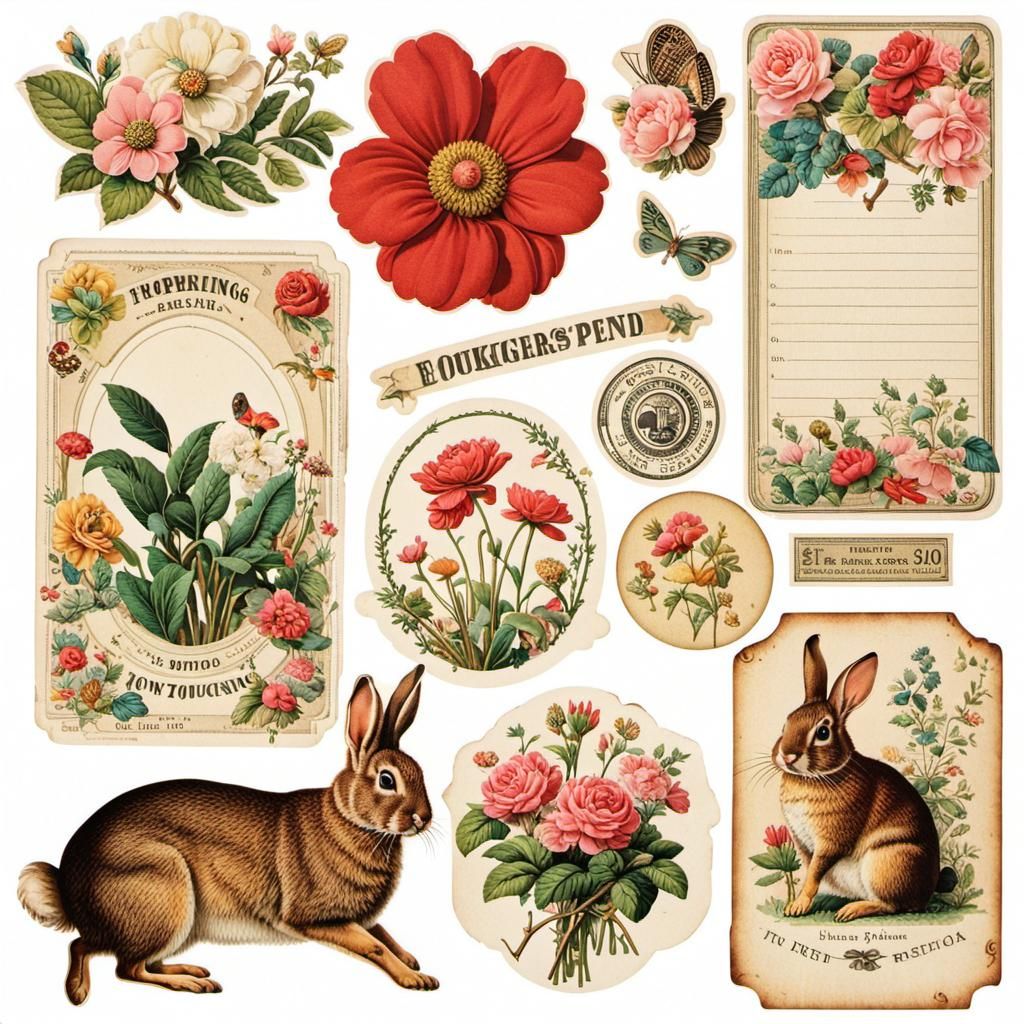 Vintage Rabbit Ephemera Stickers for Junk Journals