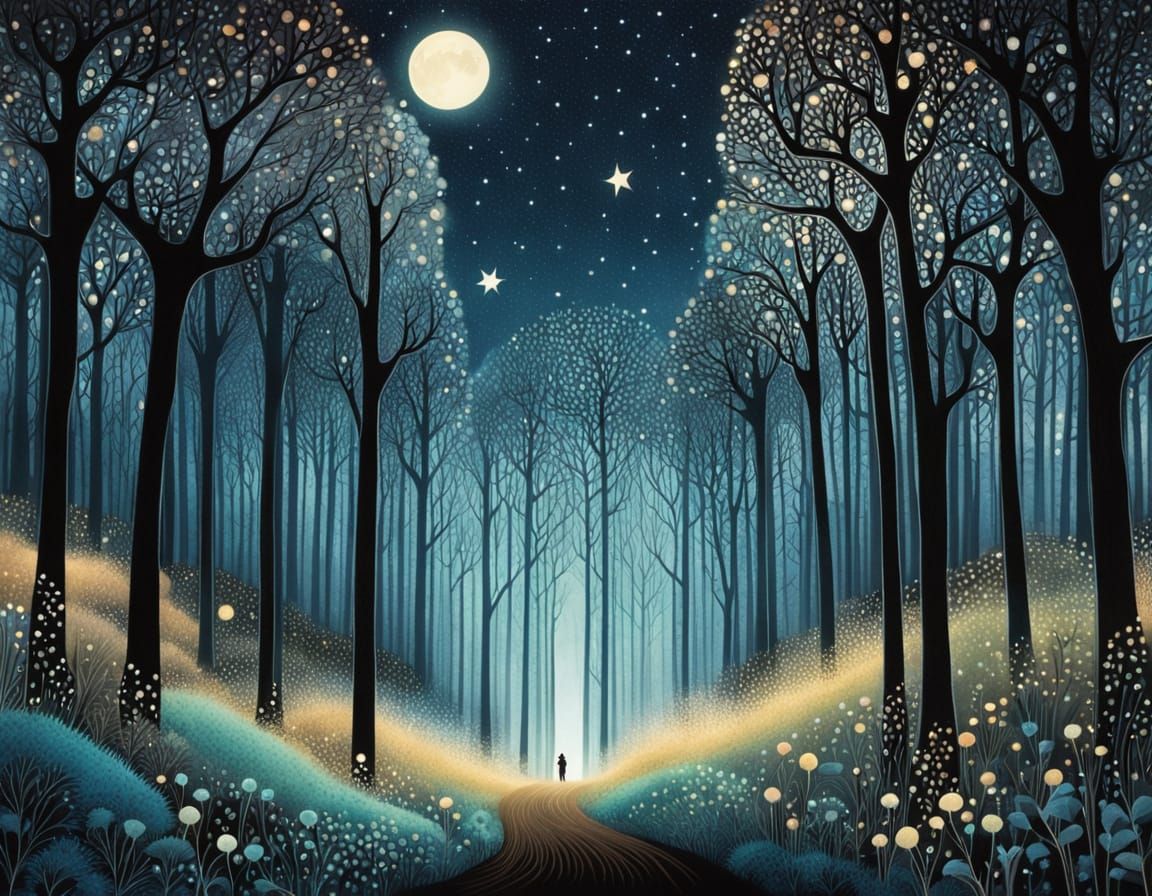 Mysterious Starry Forest in Zentangle Style