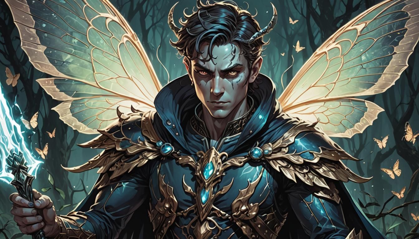 Fey Moth-Themed Humanoid Male in Comic Book Art