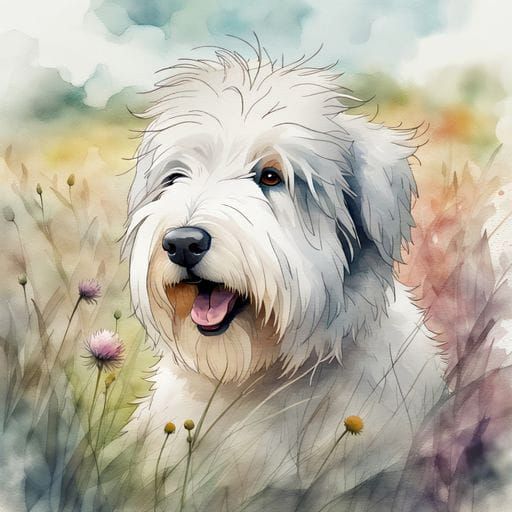 Adorable Sheepdog in Watercolor Flower Field