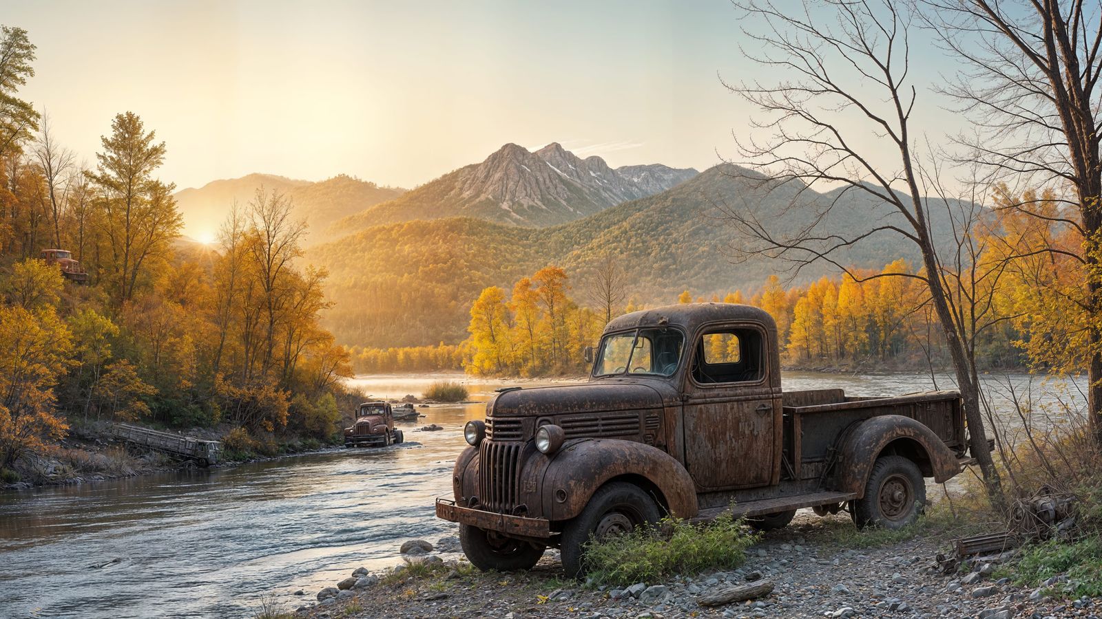 Rusty American Truck Stands by Autumn River at Sunset