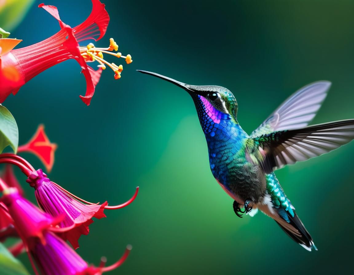 Sparkling Violetear Hummingbird at Trumpet Honeysuckle, Macr...