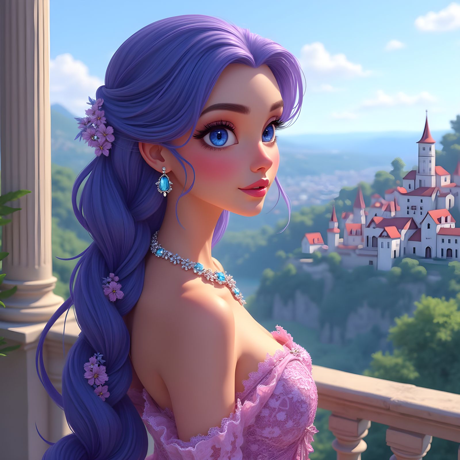 Elegant Princess in Lavender Attire on a Balcony