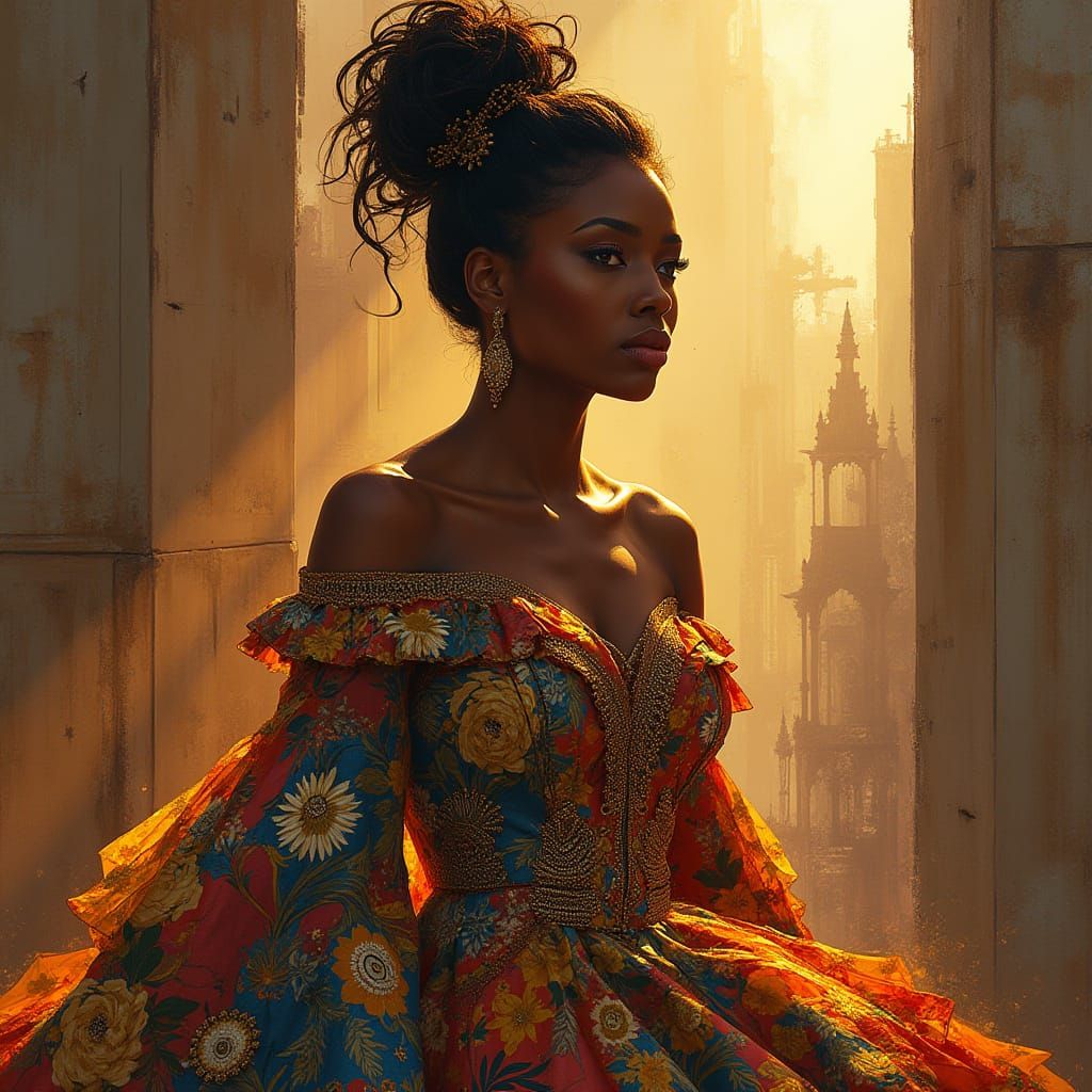 Elegant Woman in Exquisite Outfit, Mixed Media Style