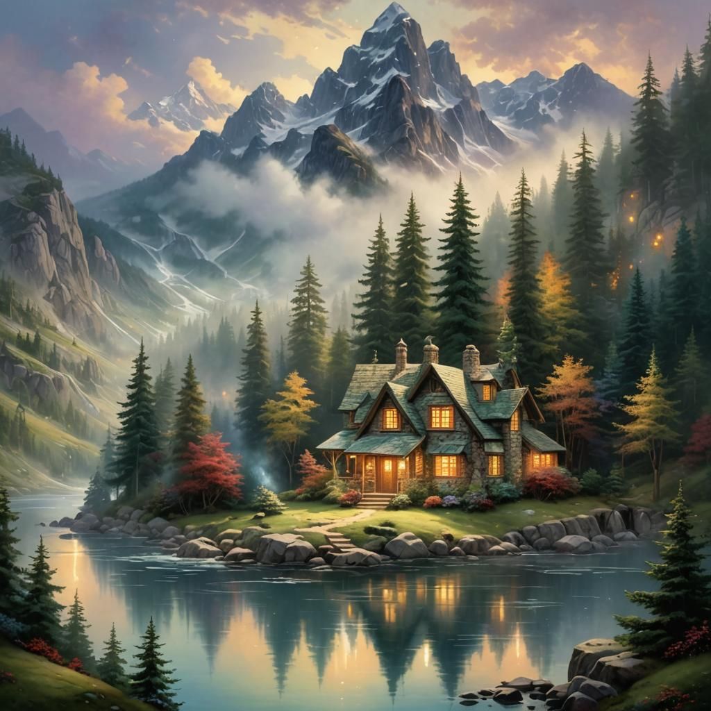 Mountain Lake House in Ethereal Fantasy Style