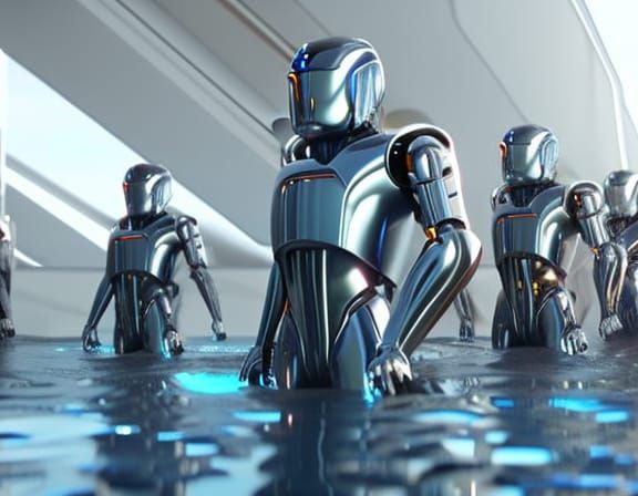 Humanoid Robots Filling Pool, Sci-Fi Cinematic Render
