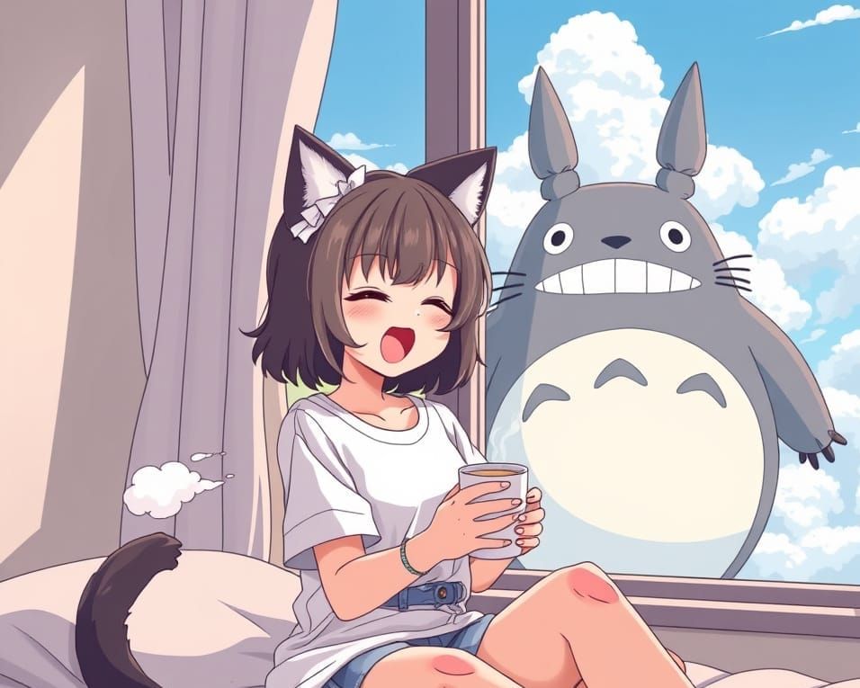Charming Anime Girl Sips Coffee in Bedroom with Totoro
