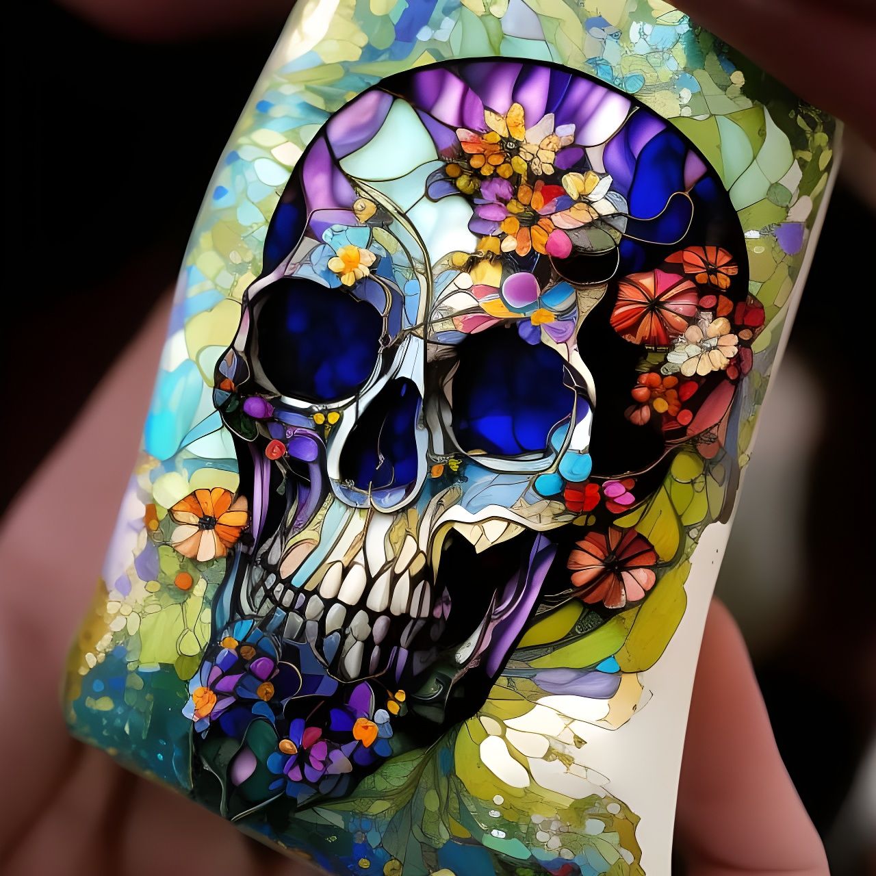 Floral Stained Glass Skull: Hyperdetailed Gouache Art