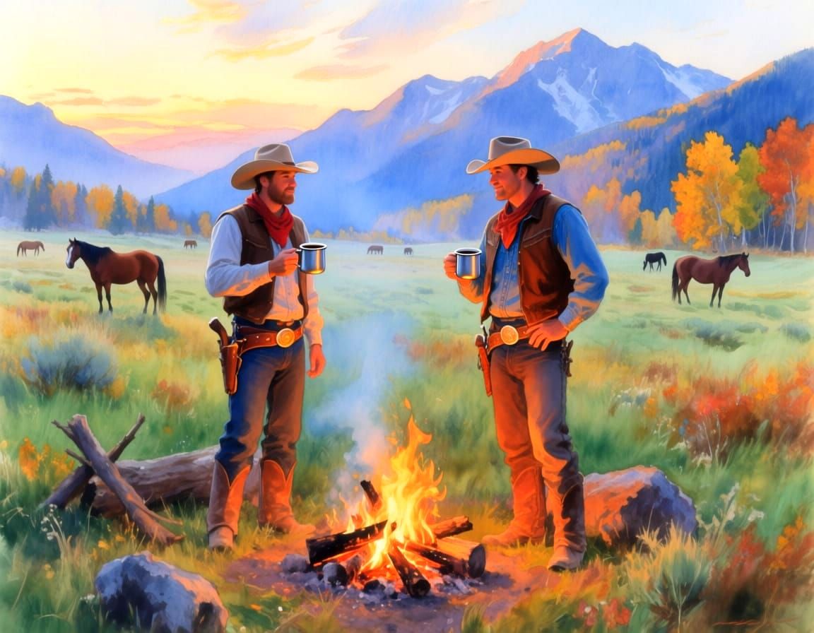 Impressionistic Watercolor of Autumn Morning Cowboy Coffee