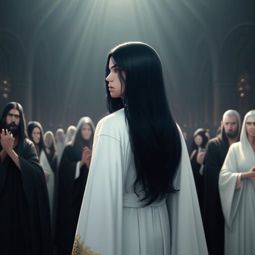 Fantasy Epic Angel Walking Through a Crowd in Cinematic Styl...