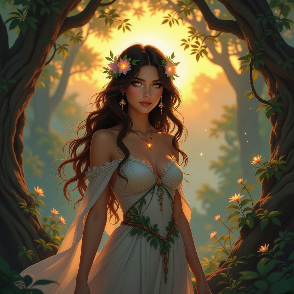 Dryad Spirit of Sunset and Sunrise in Magical Realism Style