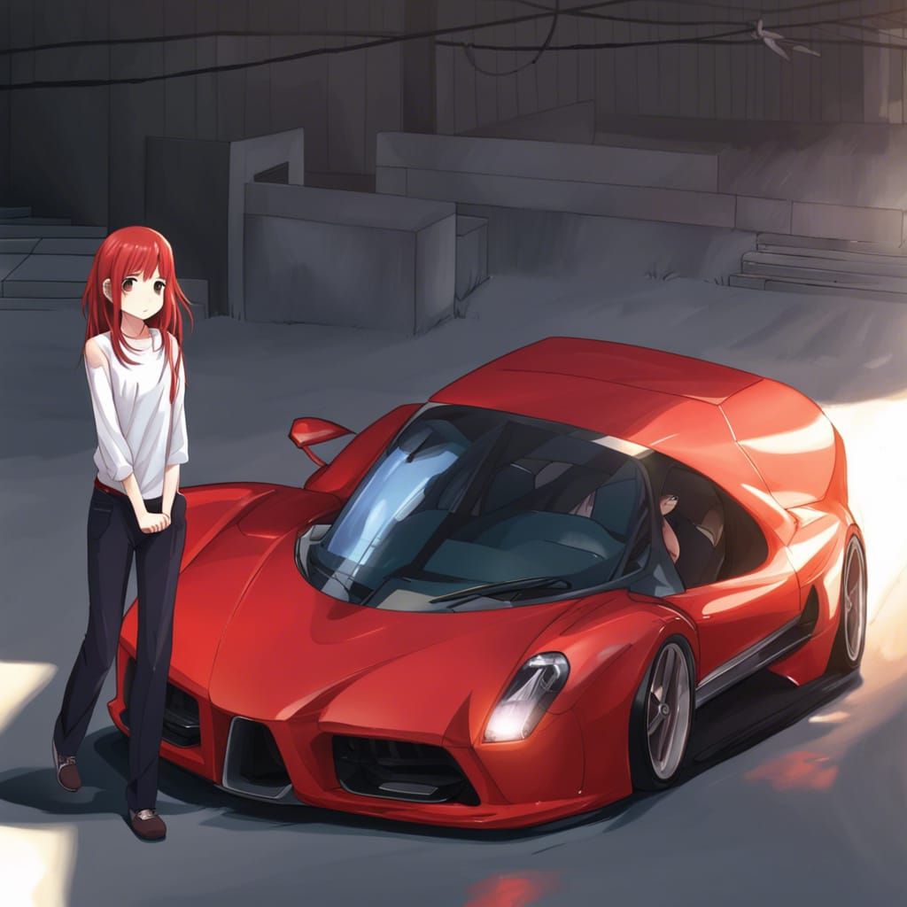Anime Girl with Red Hair and Supercar