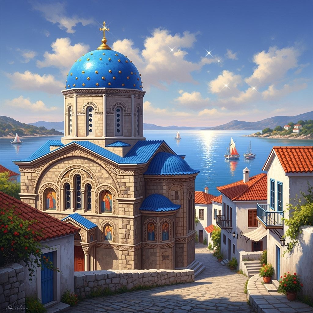Greek Orthodox Church with Blue Dome in Romantic Style
