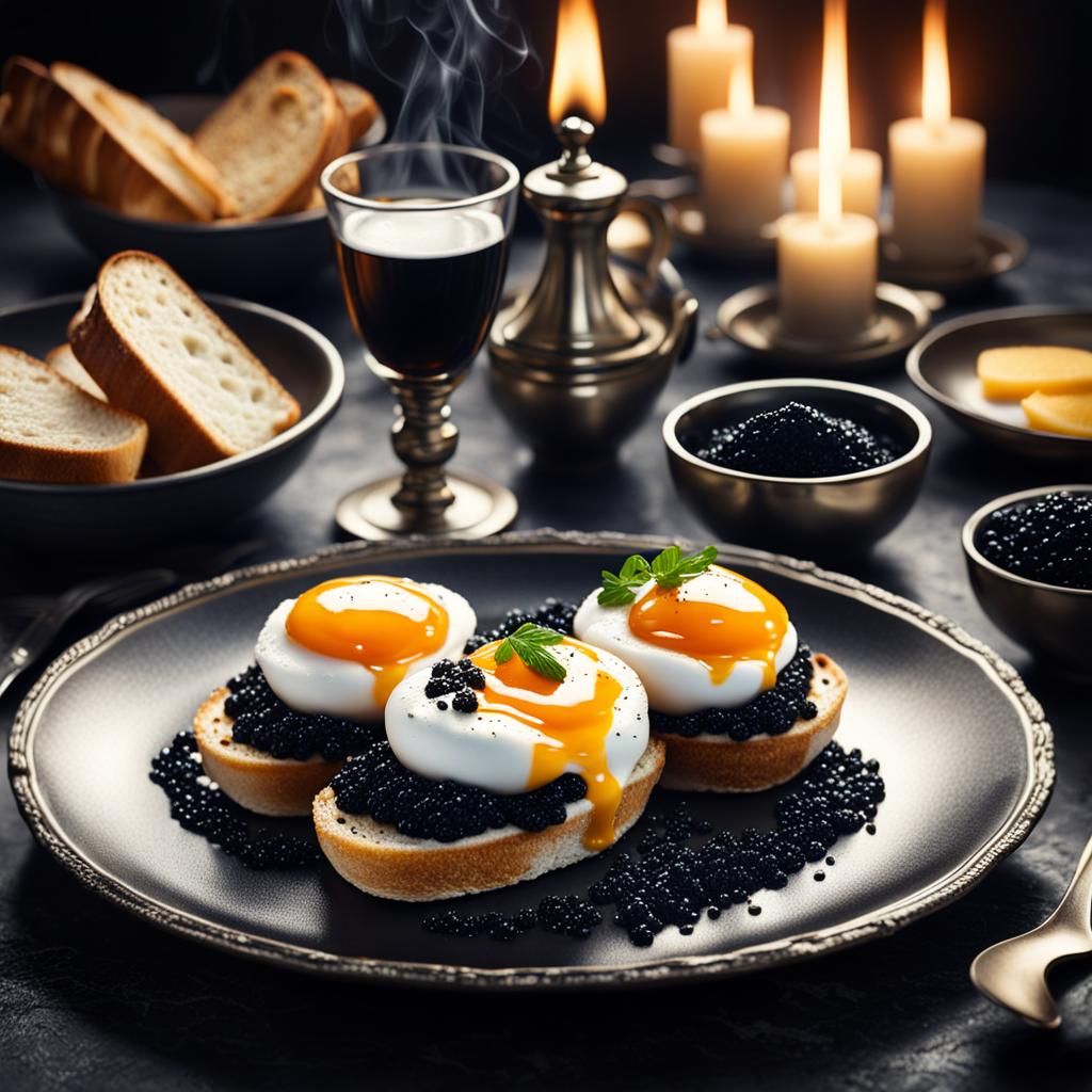 Caviar Topped Eggs with Toast: Digital Matte Painting